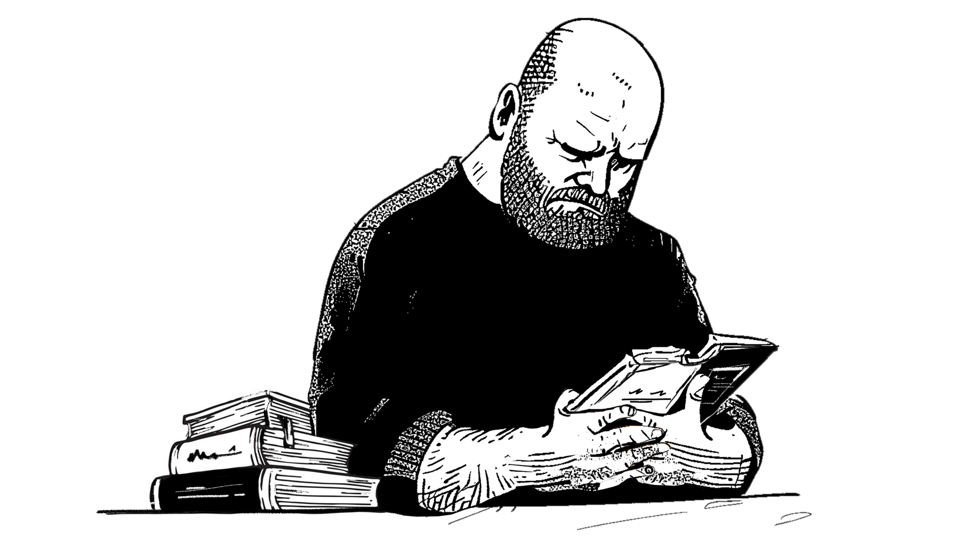 Illustration of Werner reading with a stack of books